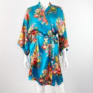 Vibrant Turquoise Floral Rose Print Satin Kimono Robe One Size